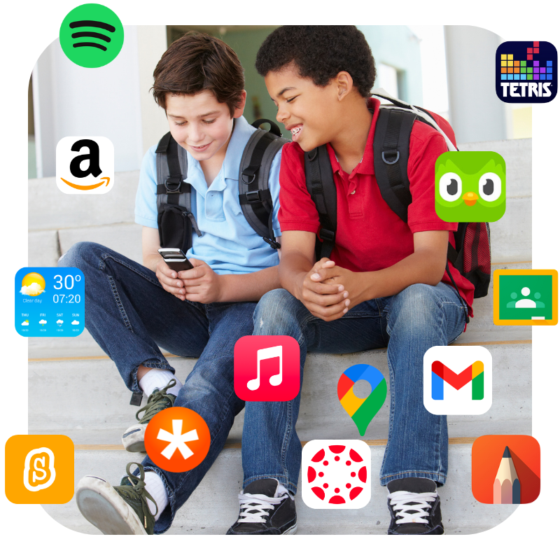 2 Boys looking at phone with apps