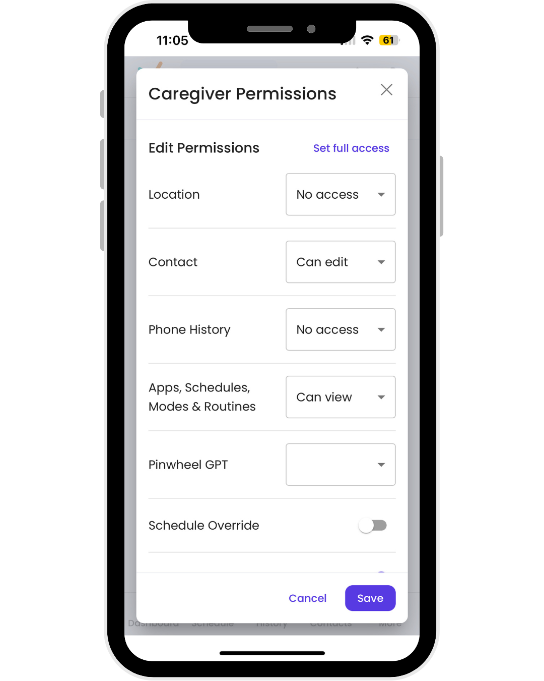Caregiver Permissions Screenshot on Mobile