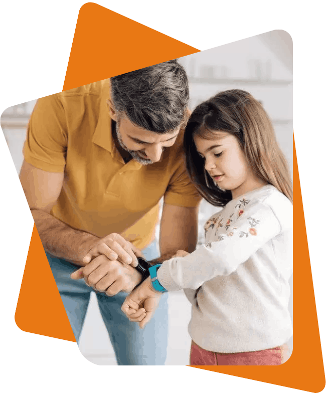 dad-showing-daughter-to-use-smart-watch-orange-bg