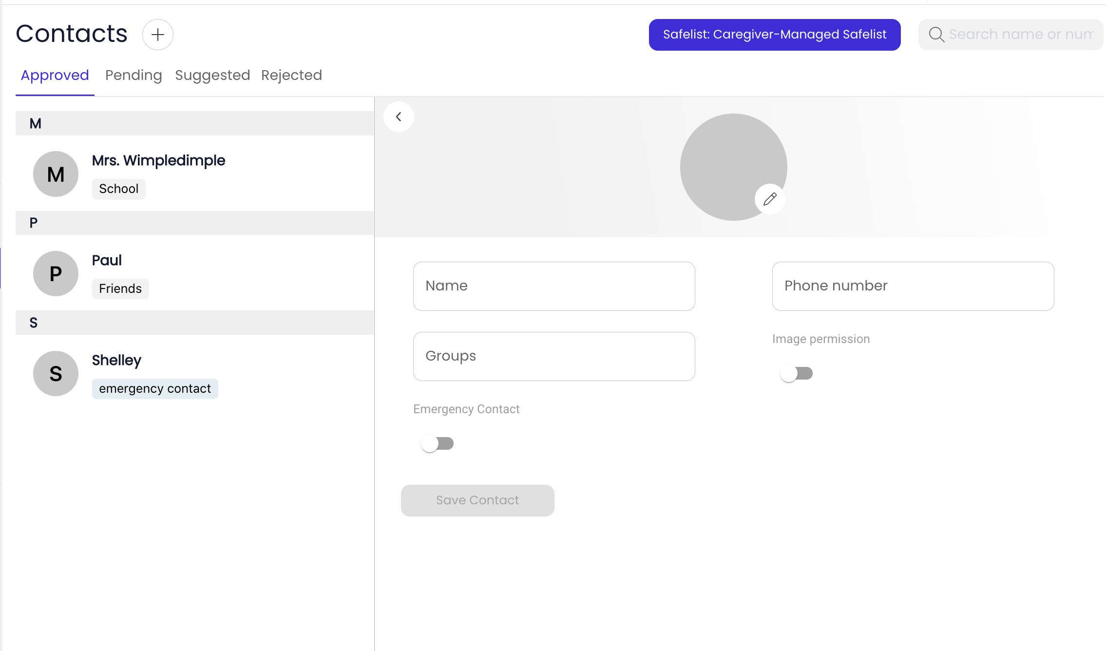 Contacts section of Pinwheel Caregiver Portal